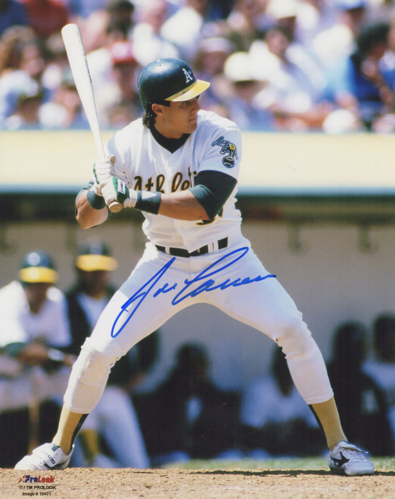 Jose Canseco Autographed Oakland A's (Athletics) White Jersey Batting Action 8x10 Photo-Powers Sports Memorabilia