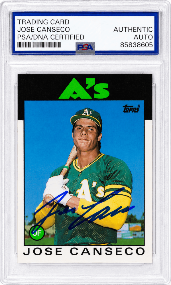 Jose Canseco Autographed Oakland A's (Athletics) 1986 Topps Traded Rookie Baseball Card #20T - (PSA Encapsulated)-Powers Sports Memorabilia