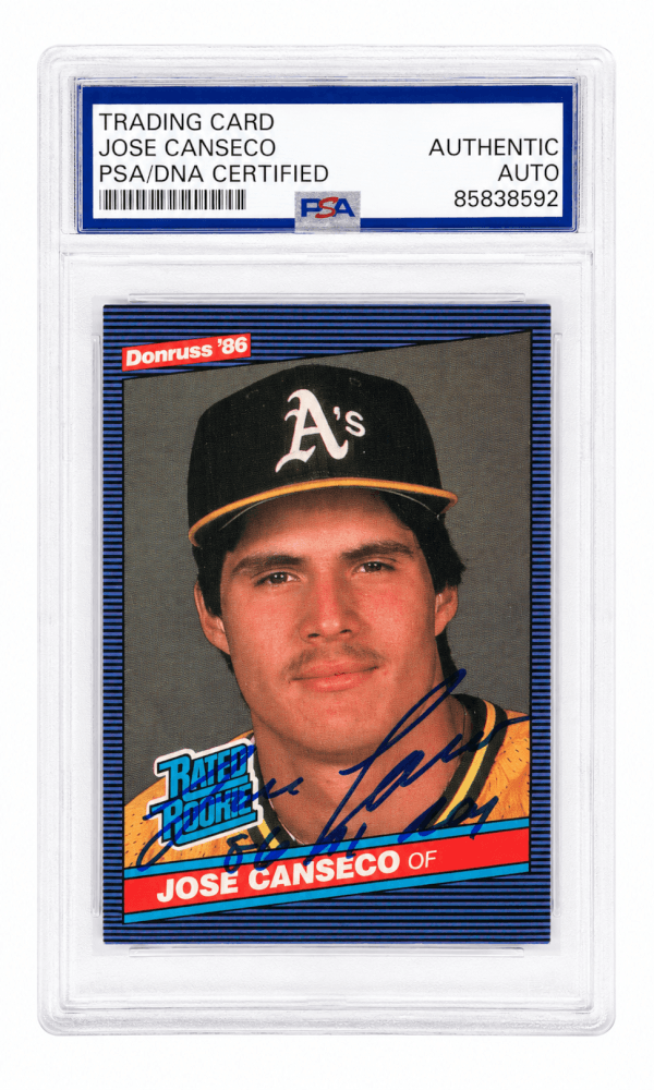 Jose Canseco Autographed Oakland A's (Athletics) 1986 Donruss Rookie Baseball Card #39 with 86 AL ROY-Powers Sports Memorabilia
