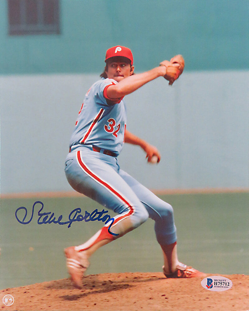 Steve Carlton Philadelphia Phillies Autographed Pitching 8x10 Photo Beckett-Powers Sports Memorabilia
