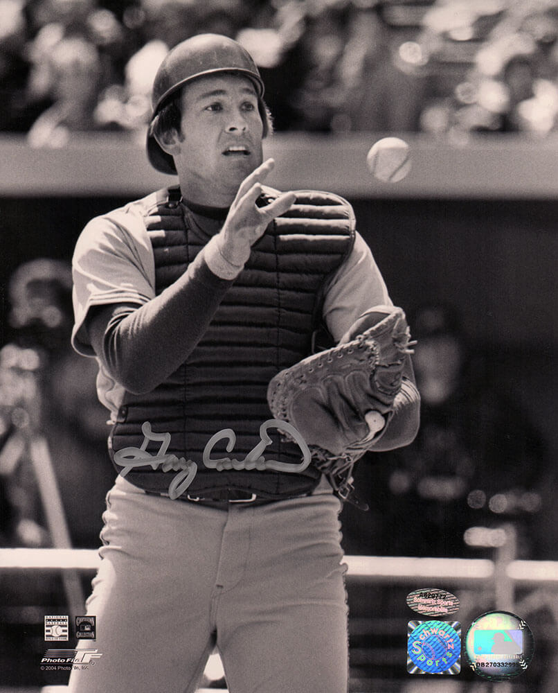 Gary Carter Autographed Montreal Expos B&W Catching 8x10 Photo - (In Silver)-Powers Sports Memorabilia