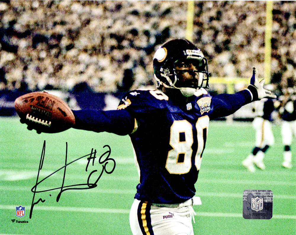 Cris Carter Autographed Vikings Arms Out Celebration Holding Football 8x10 Photo-Powers Sports Memorabilia
