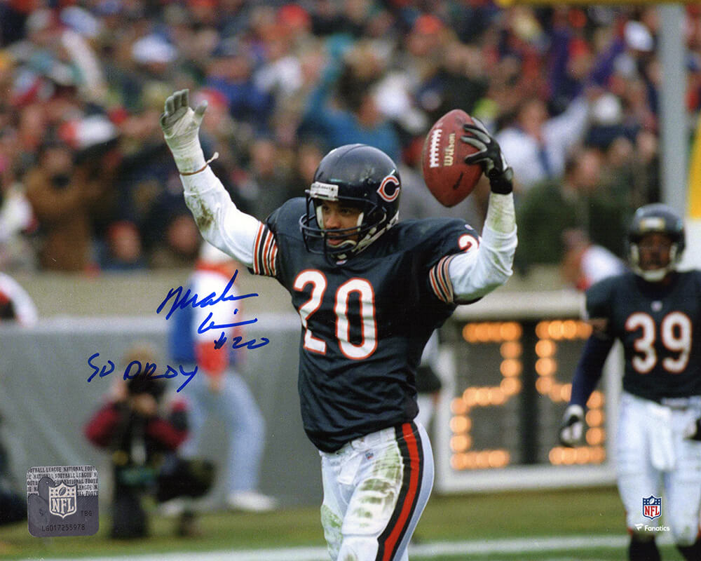 Mark Carrier Autographed Chicago Bears Arms Raised With Football 8x10 Photo with 90 DROY-Powers Sports Memorabilia