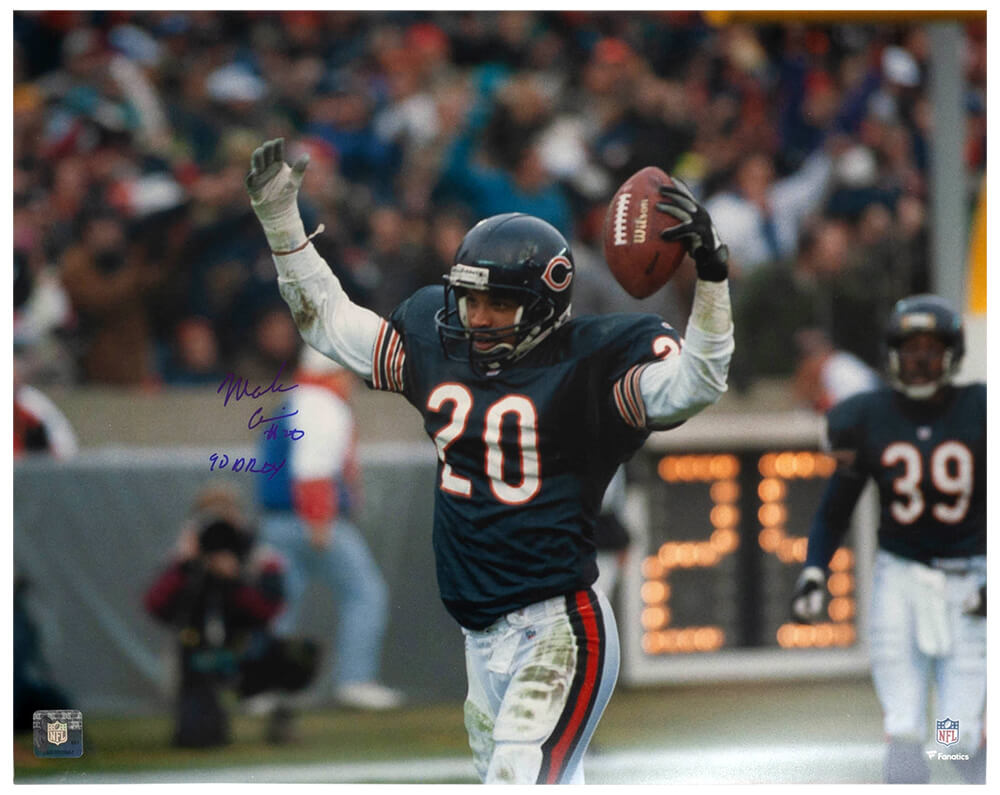 Mark Carrier Autographed Chicago Bears Arms Raised With Football 16x20 Photo with 90 DROY-Powers Sports Memorabilia