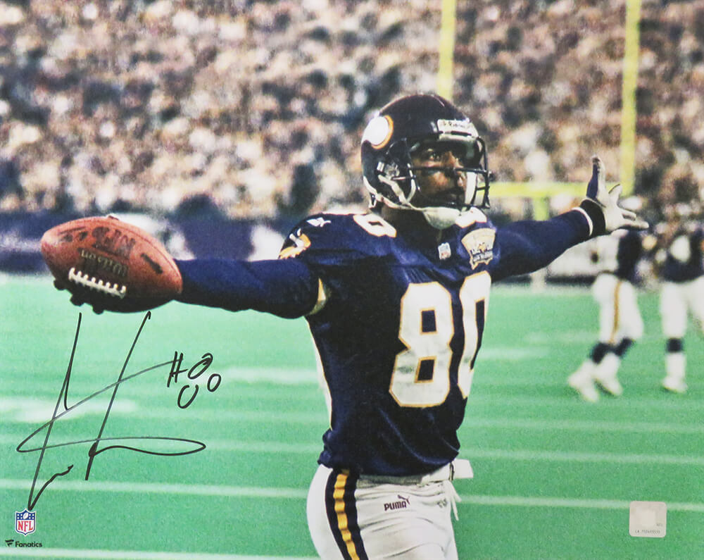 Cris Carter Autographed Vikings Arms Out Celebration Holding Football 16x20 Photo-Powers Sports Memorabilia