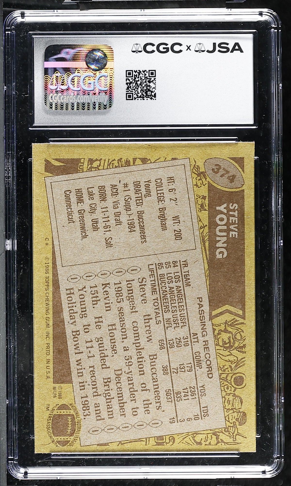 Steve Young 1986 Topps Rookie Card #374 CGC JSA 8 Auto 10 #6178768001