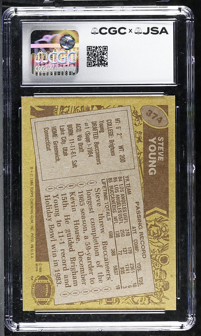 Steve Young 1986 Topps Rookie Card #374 CGC JSA 7 Auto 10 #6178768002