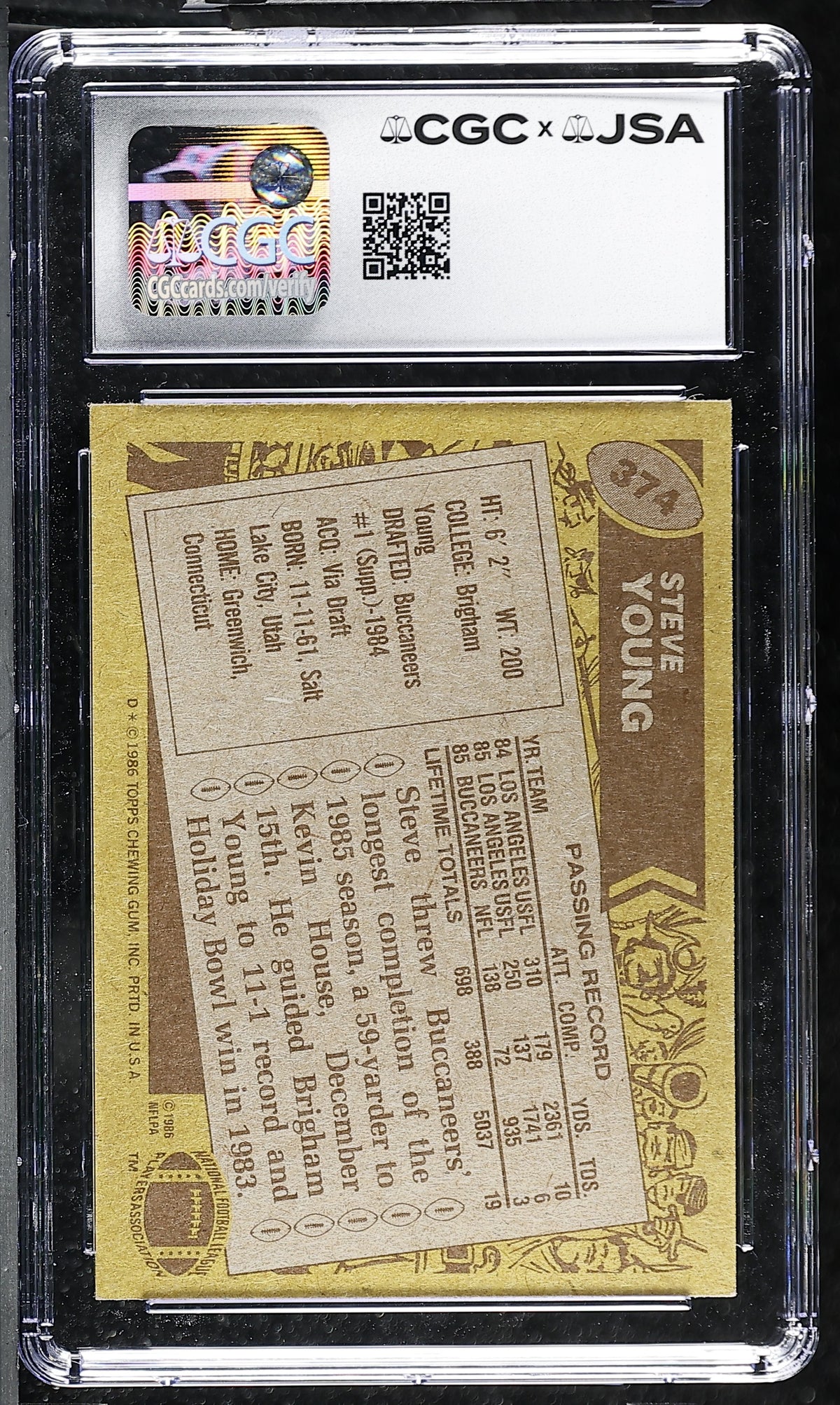 Steve Young 1986 Topps Rookie Card #374 CGC JSA 7 Auto 10 #6178768002