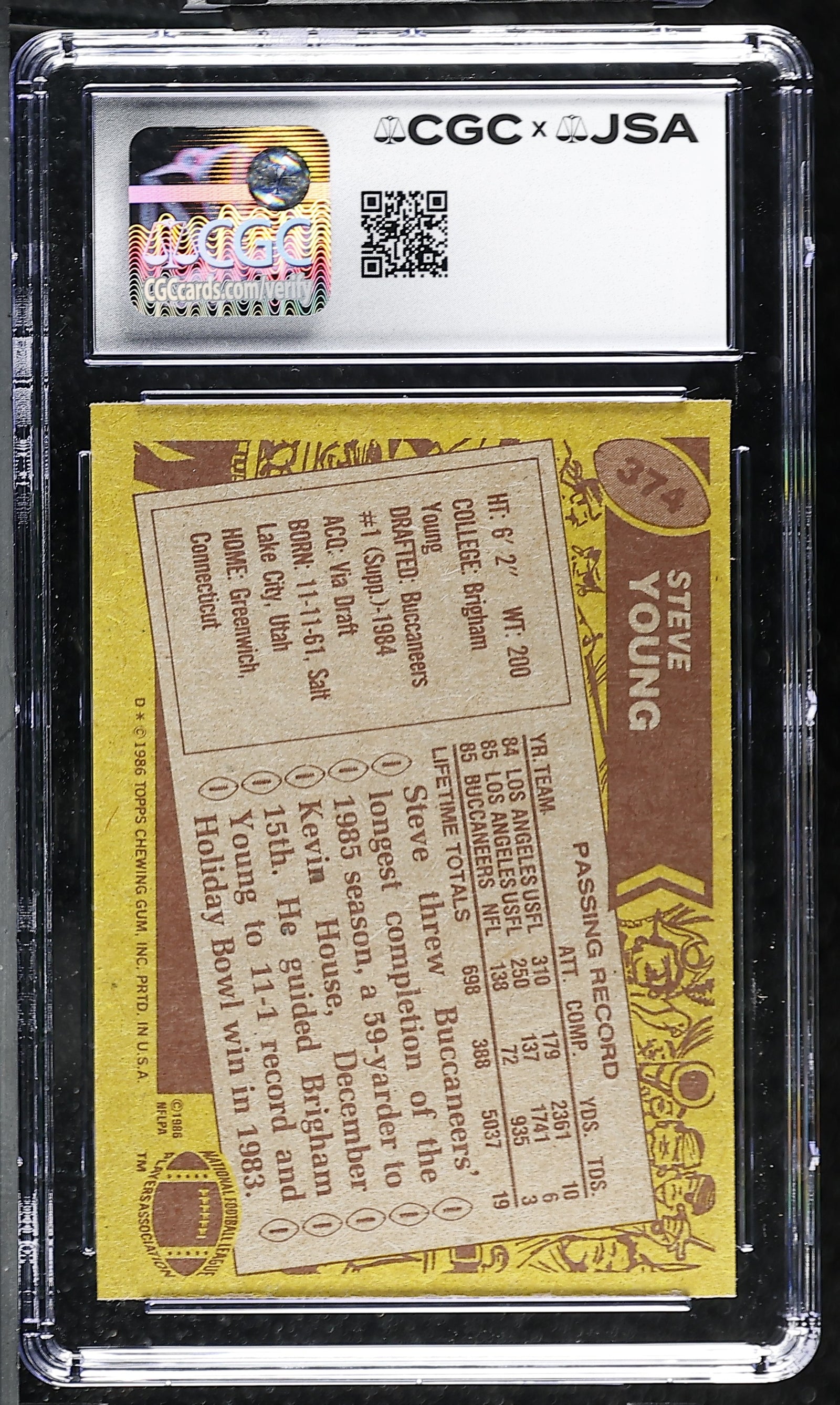 Steve Young 1986 Topps Rookie Card #374 CGC JSA 7.5 Auto 10 6178768003-Powers Sports Memorabilia