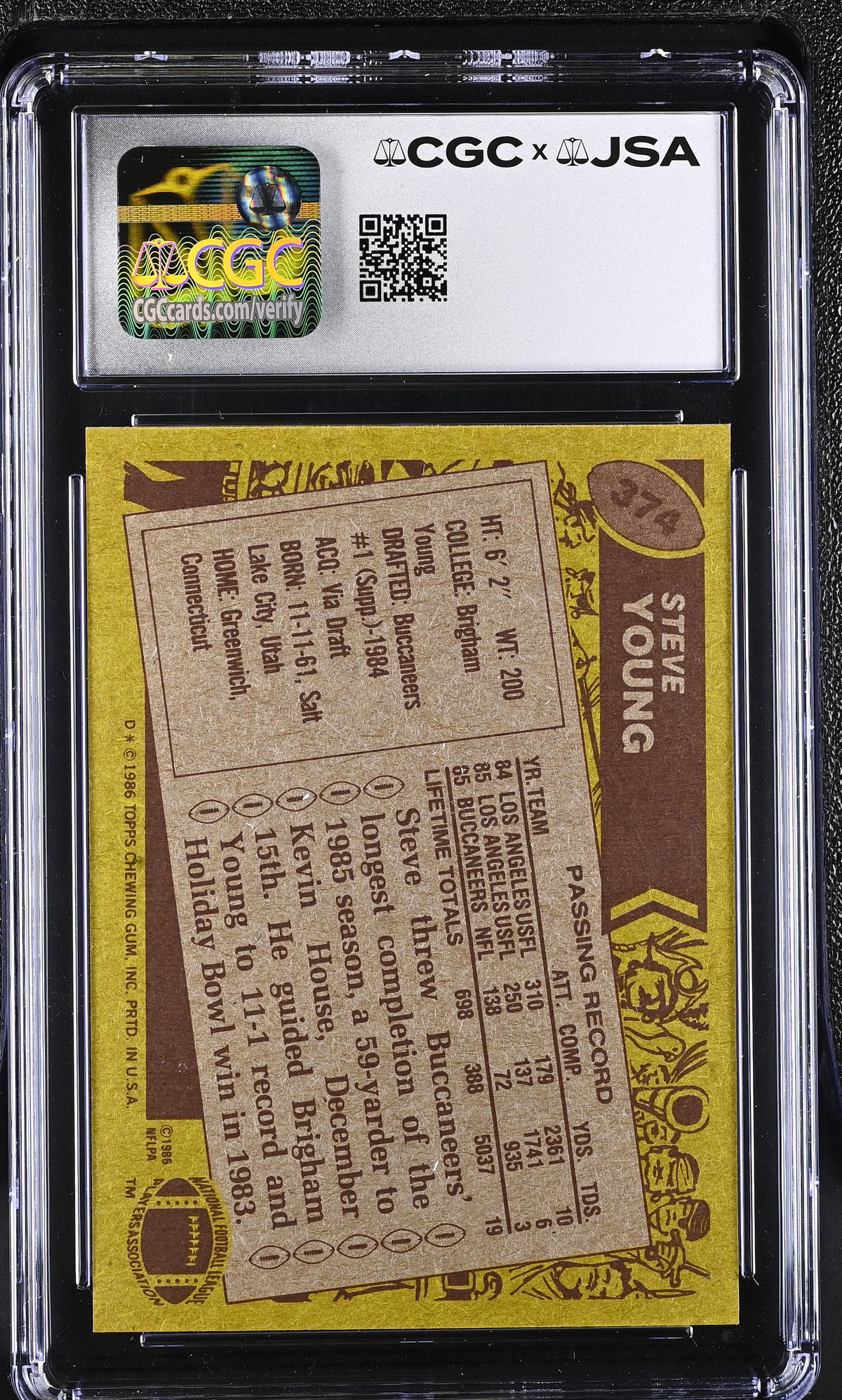 Steve Young 1986 Topps Rookie Card #374 CGC JSA 8 Auto 10 #6178768004