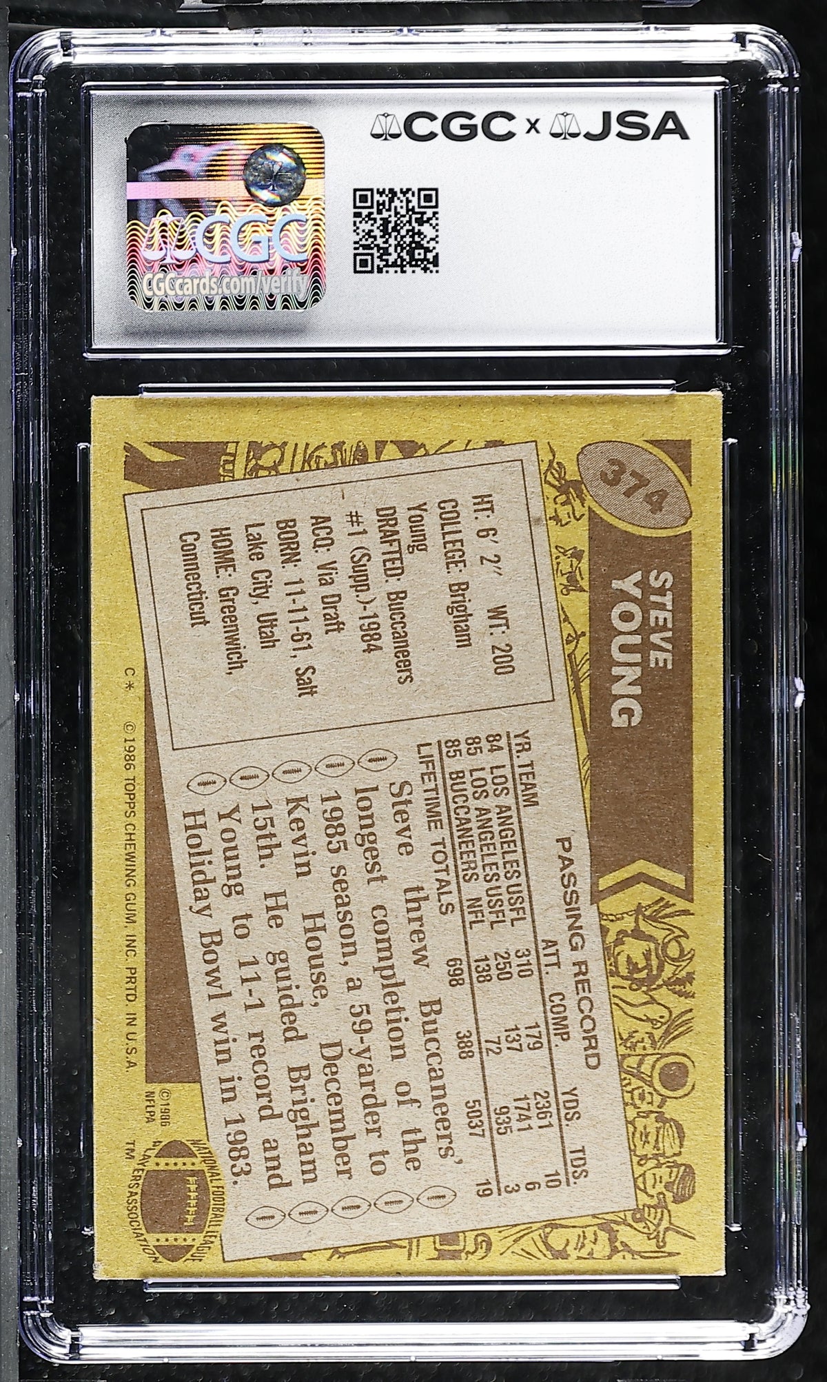 Steve Young 1986 Topps Rookie Card #374 CGC JSA 7.5 Auto 10 Cert 6178768005-Powers Sports Memorabilia