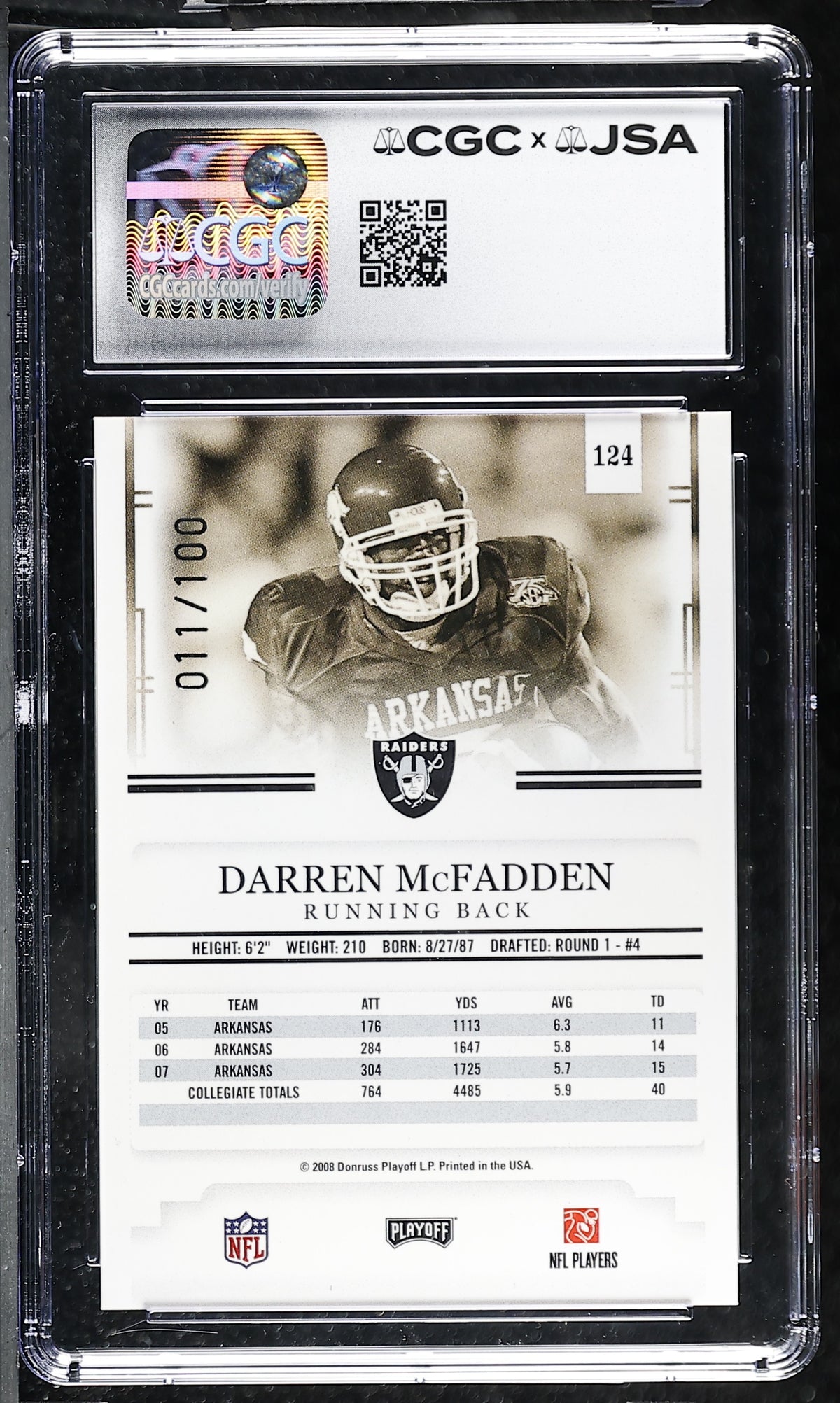 Darren McFadden 2008 Playoff Red Rookie Card #124 CGC JSA 9 Auto 10 11/100