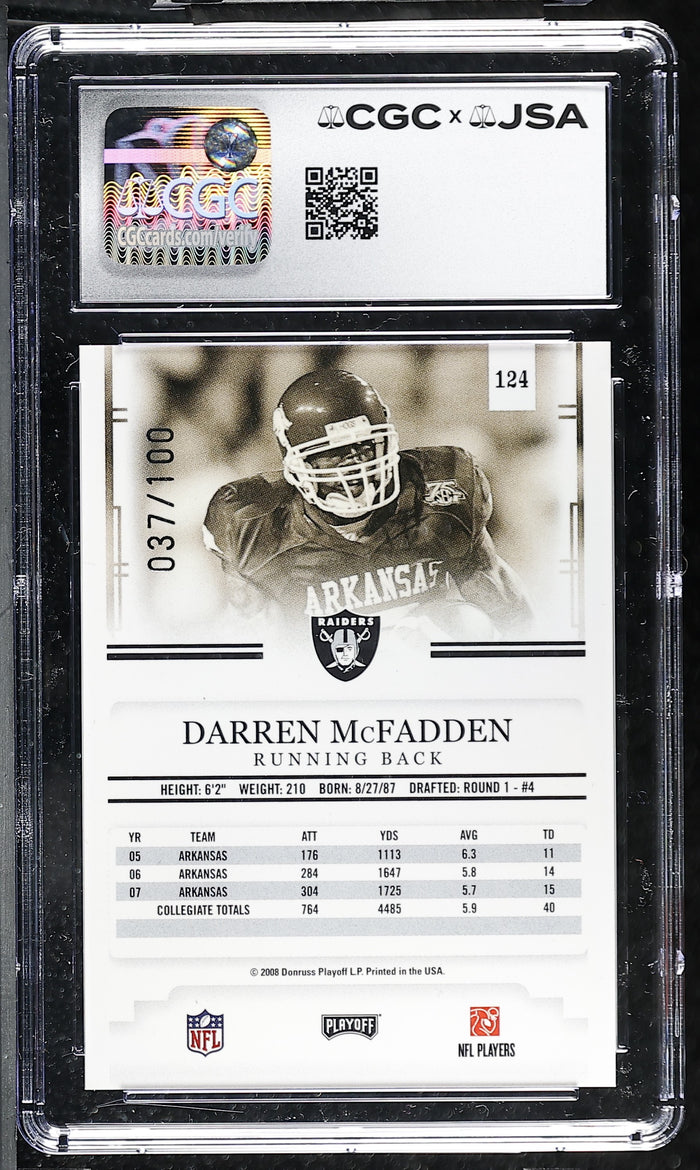Darren McFadden 2008 Playoff Red Rookie Card 124 CGC JSA 9.5 Auto 10 37/100