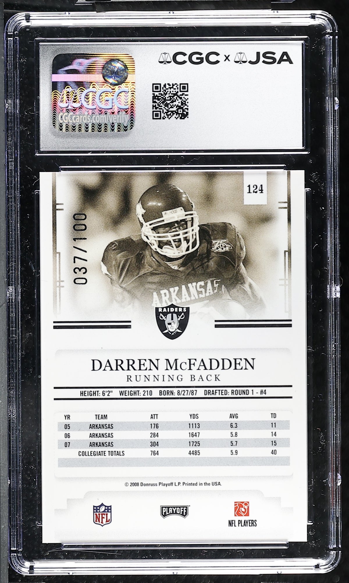 Darren McFadden 2008 Playoff Red Rookie Card 124 CGC JSA 9.5 Auto 10 37/100
