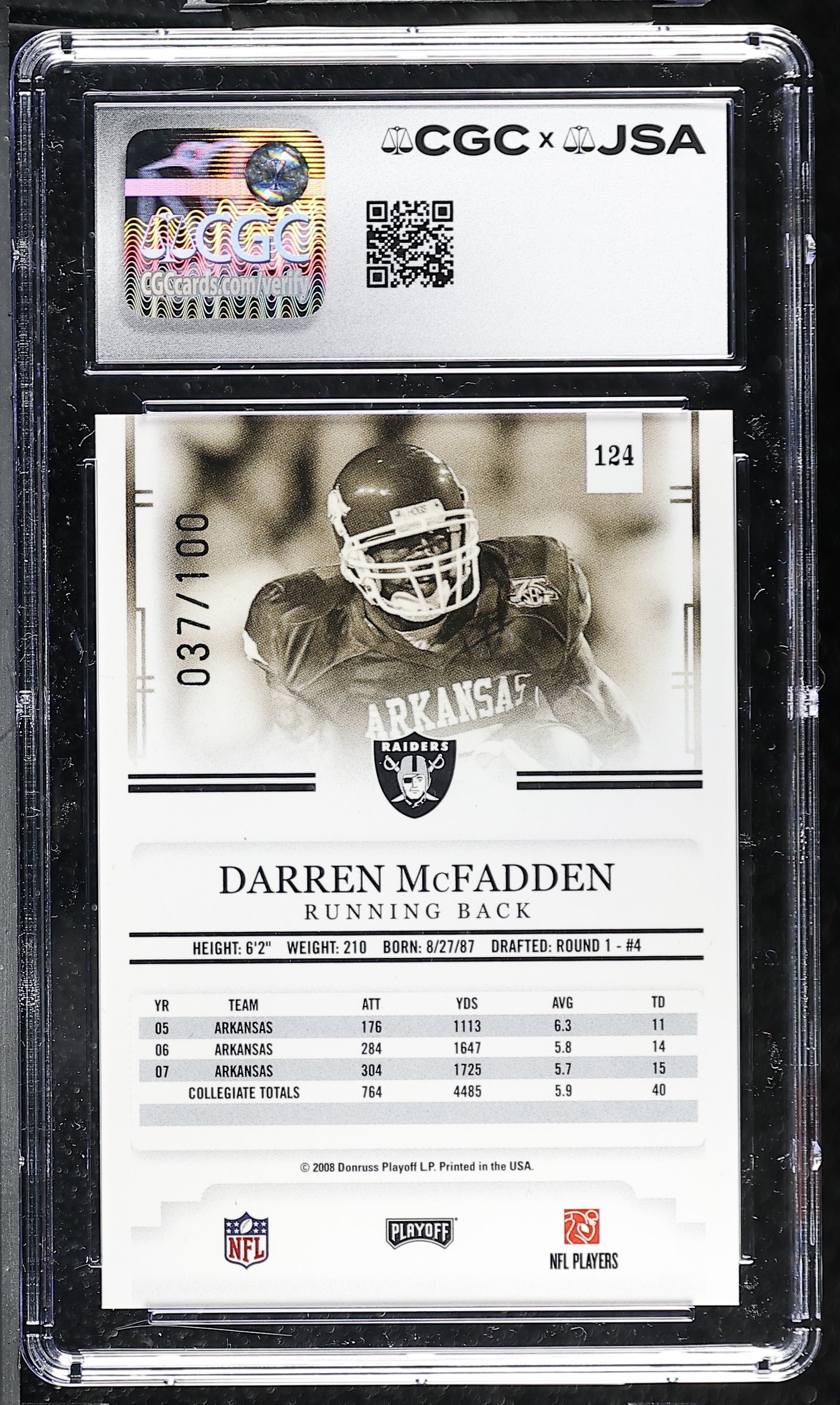 Darren McFadden 2008 Playoff Red Rookie Card 124 CGC JSA 9.5 Auto 10 37/100-Powers Sports Memorabilia