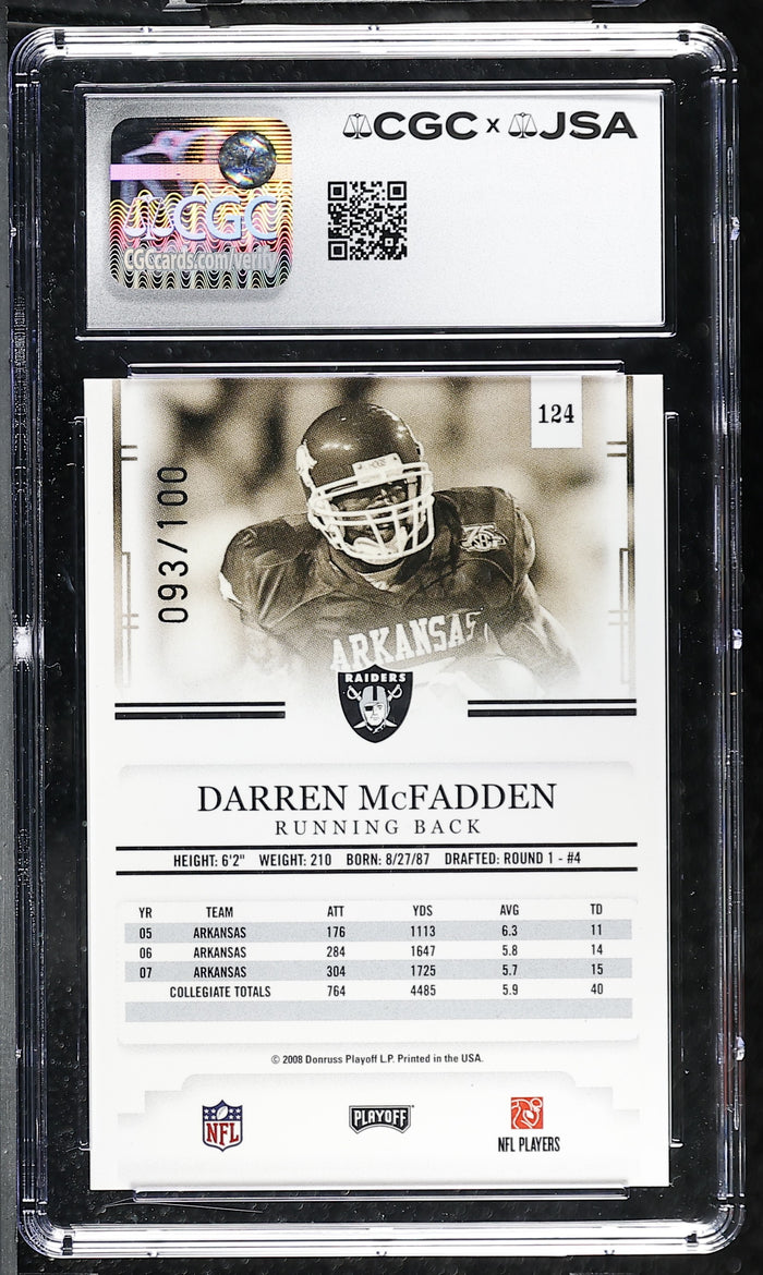 Darren McFadden 2008 Playoff Red Rookie Card #124 CGC JSA 8 Auto 10 93/100