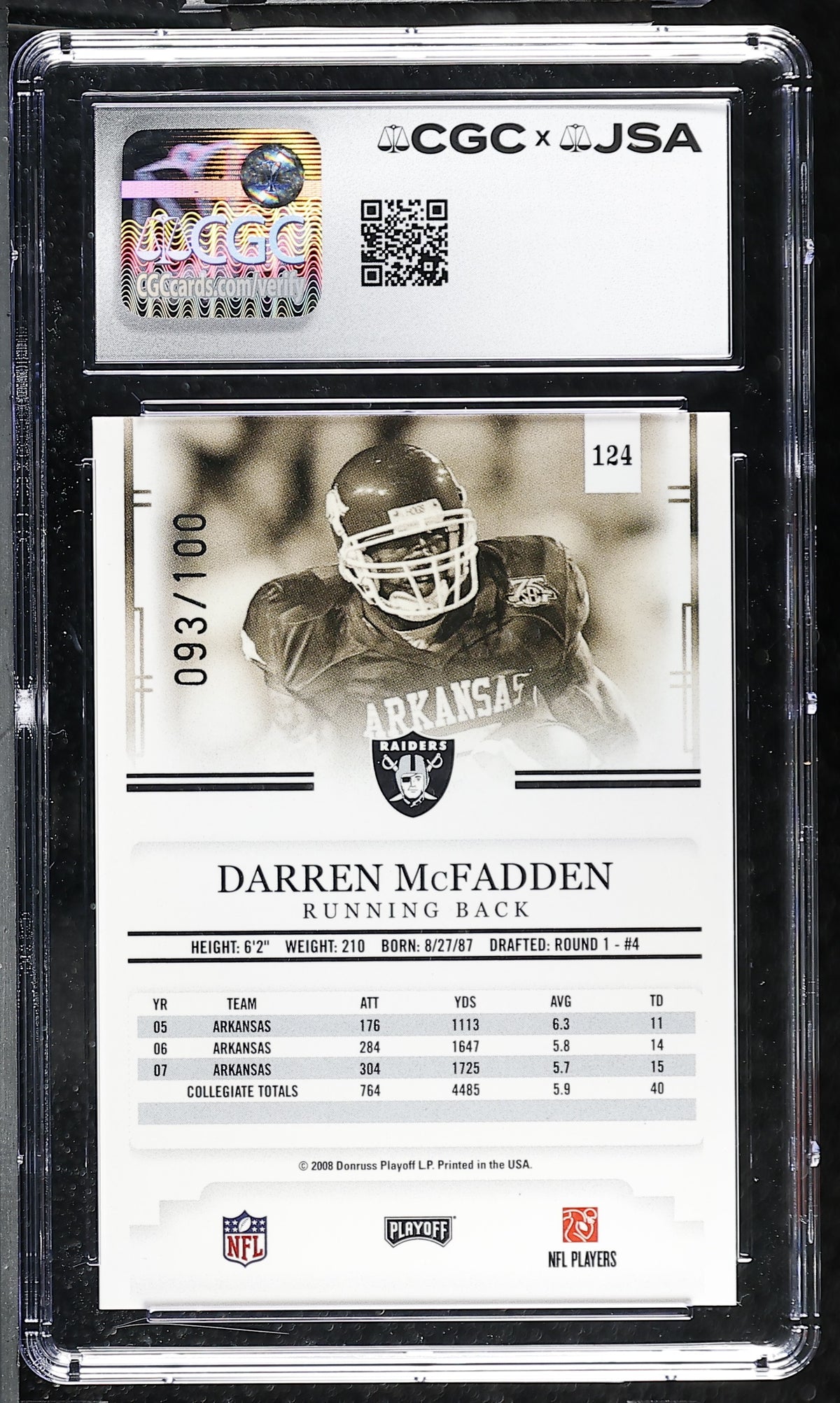 Darren McFadden 2008 Playoff Red Rookie Card #124 CGC JSA 8 Auto 10 93/100