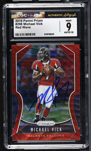 Michael Vick 2019 Panini Prizm Red Wave Card #298 CGC JSA 9 Auto 10 131/149
