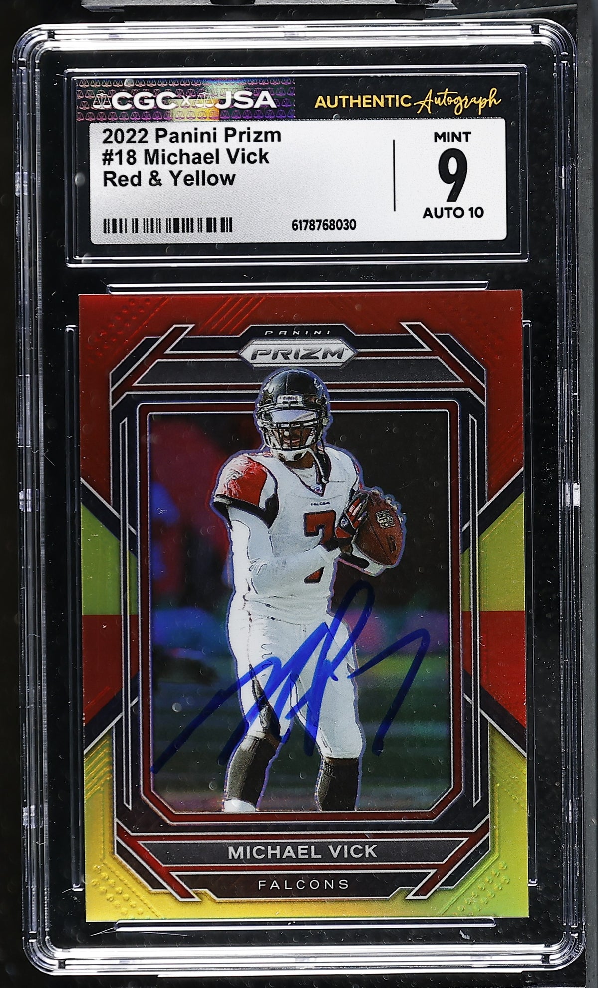 Michael Vick 2022 Panini Prizm Red Yellow Card #18 CGC JSA 9 Auto 10 23/44
