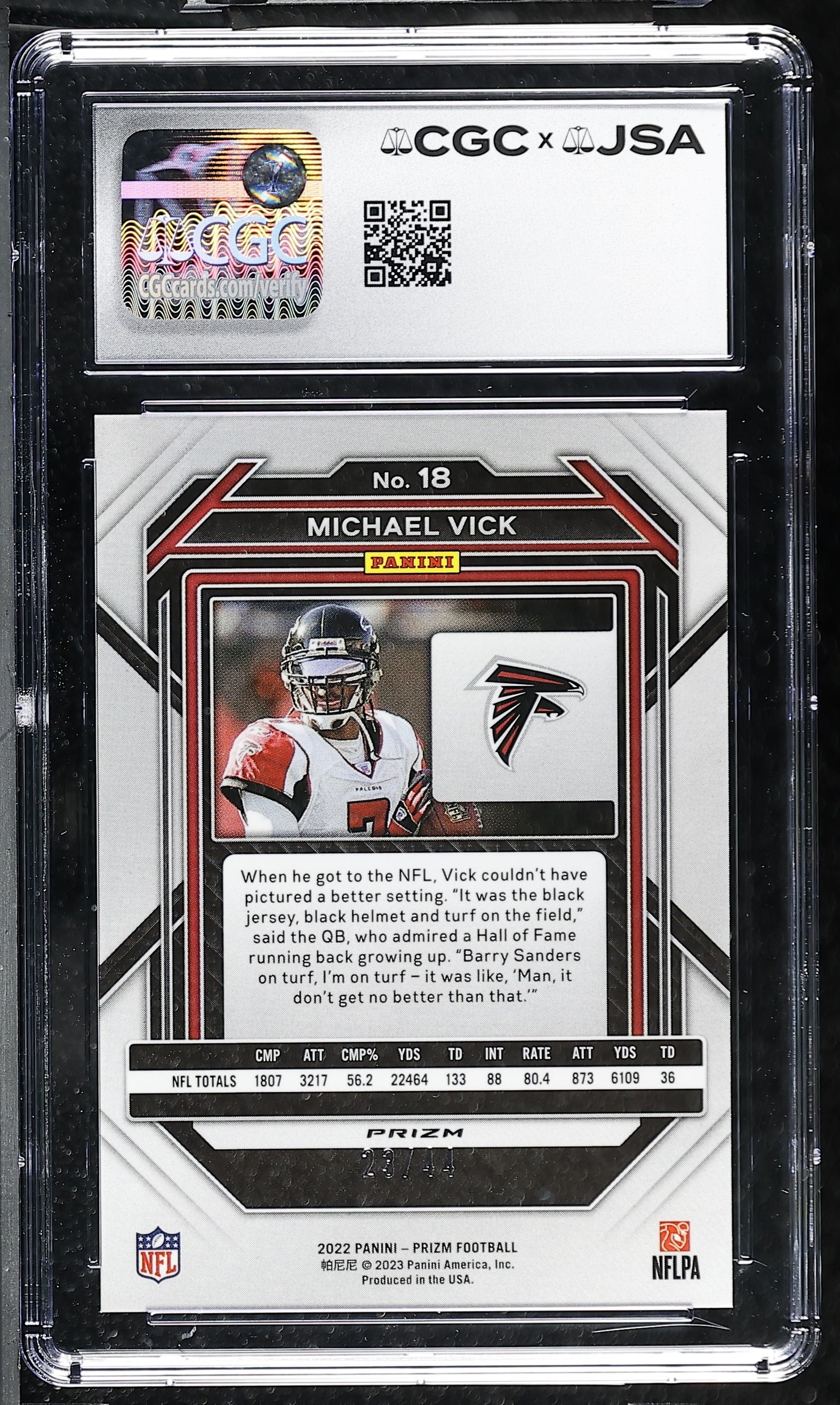 Michael Vick 2022 Panini Prizm Red Yellow Card #18 CGC JSA 9 Auto 10 23/44-Powers Sports Memorabilia