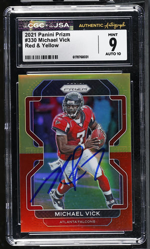 Michael Vick 2021 Panini Prizm Red Yellow Card #330 CGC JSA 9 Auto 10 10/39