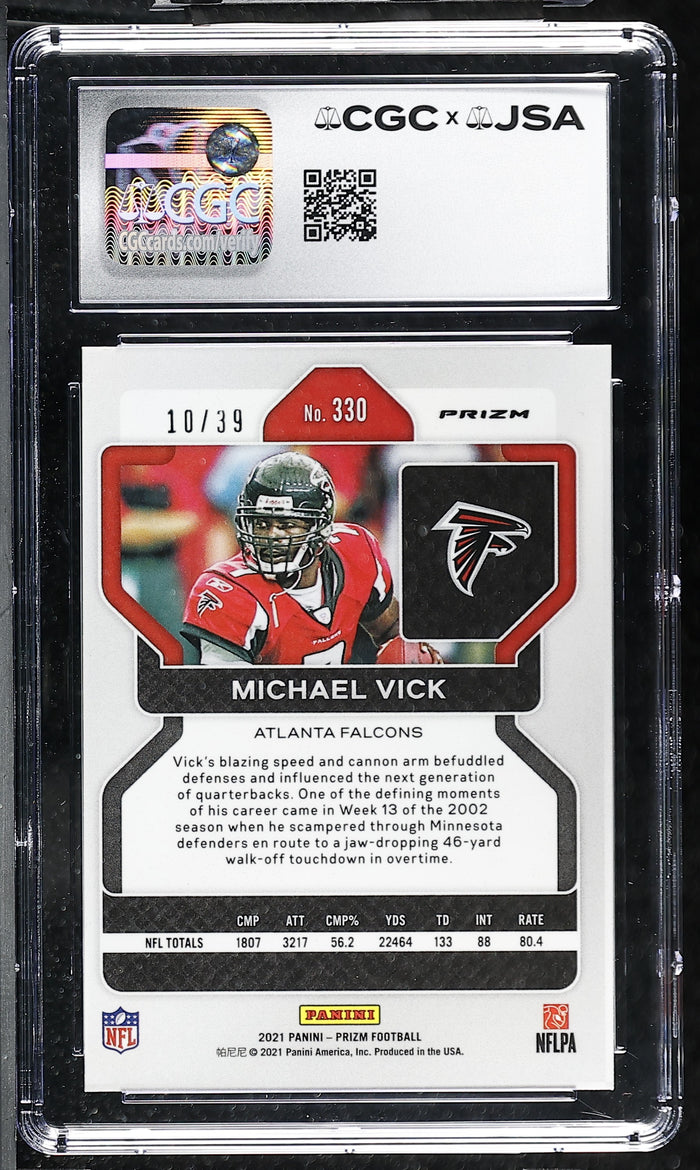 Michael Vick 2021 Panini Prizm Red Yellow Card #330 CGC JSA 9 Auto 10 10/39