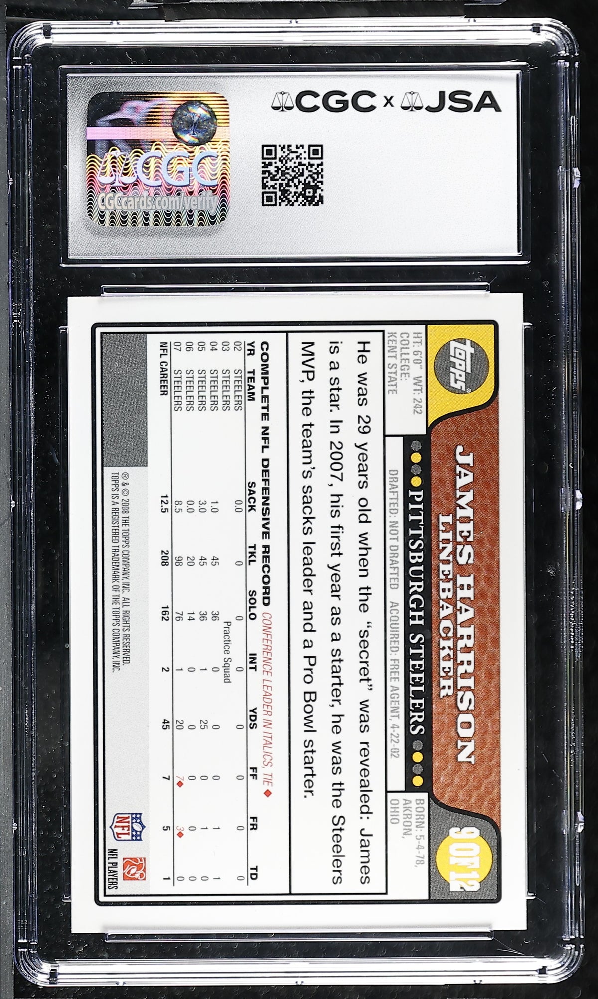 James Harrison 2008 Topps Rookie Card #9 CGC JSA 9 Auto 10