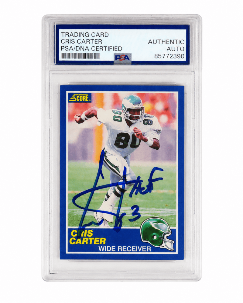 Cris Carter Autographed 1989 Score Football Rookie Card #72 with HOF 13-Powers Sports Memorabilia