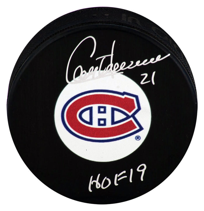 Guy Carbonneau Autographed Montreal Canadiens Medium Logo Hockey Puck with HOF'19-Powers Sports Memorabilia