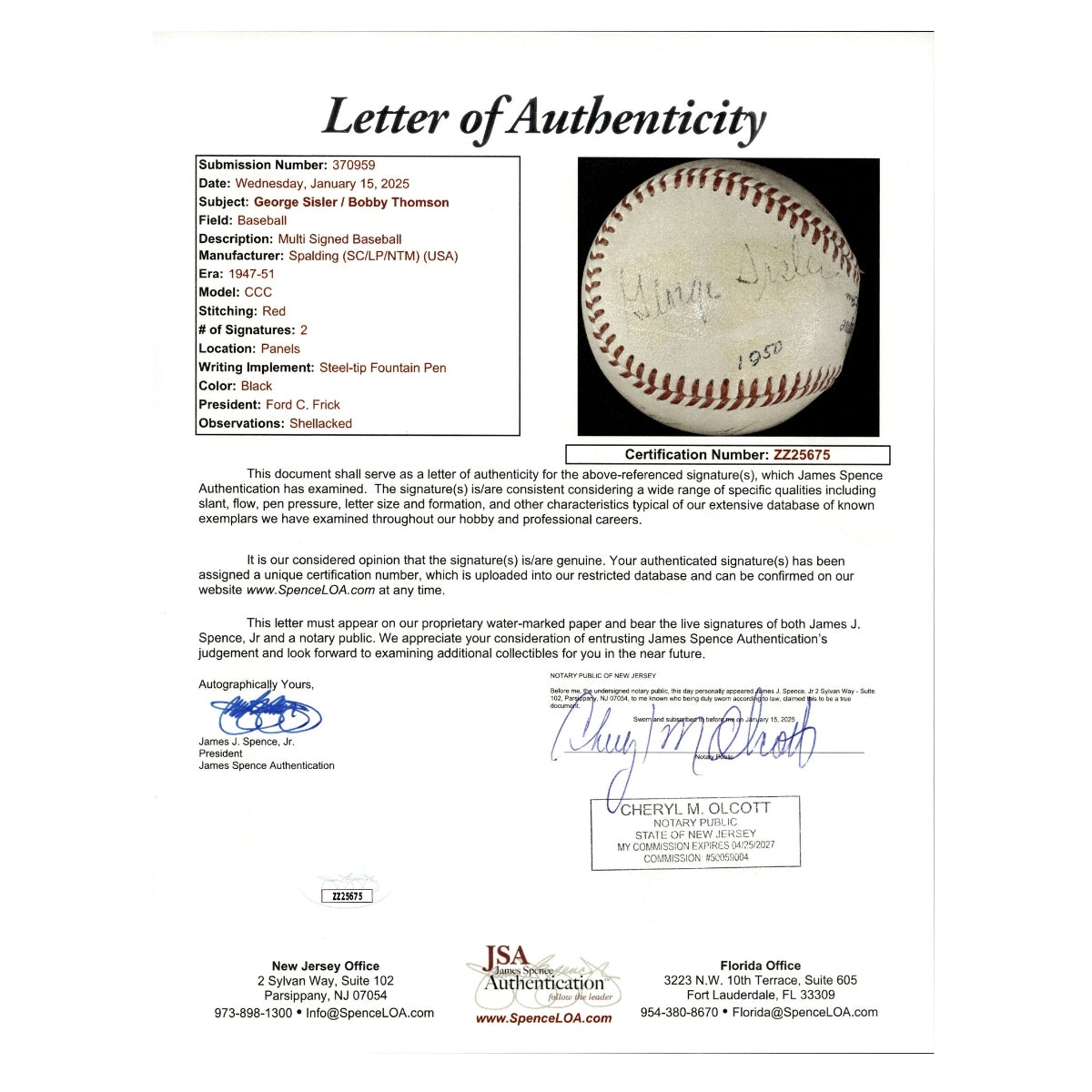 George Sisler & Bobby Thomson Dual Signed Signed Ford Frick Spalding Baseball (JSA LOA #ZZ25675)-Powers Sports Memorabilia