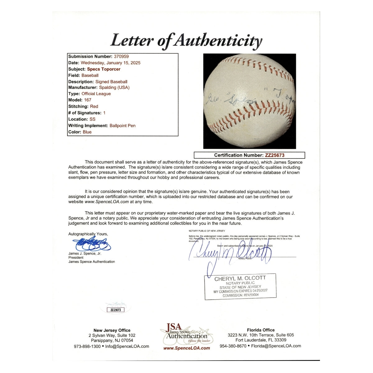 George Specs Toporcer St, Louis Cardinals Signed Spalding Official League Baseball (JSA LOA #ZZ25673)-Powers Sports Memorabilia