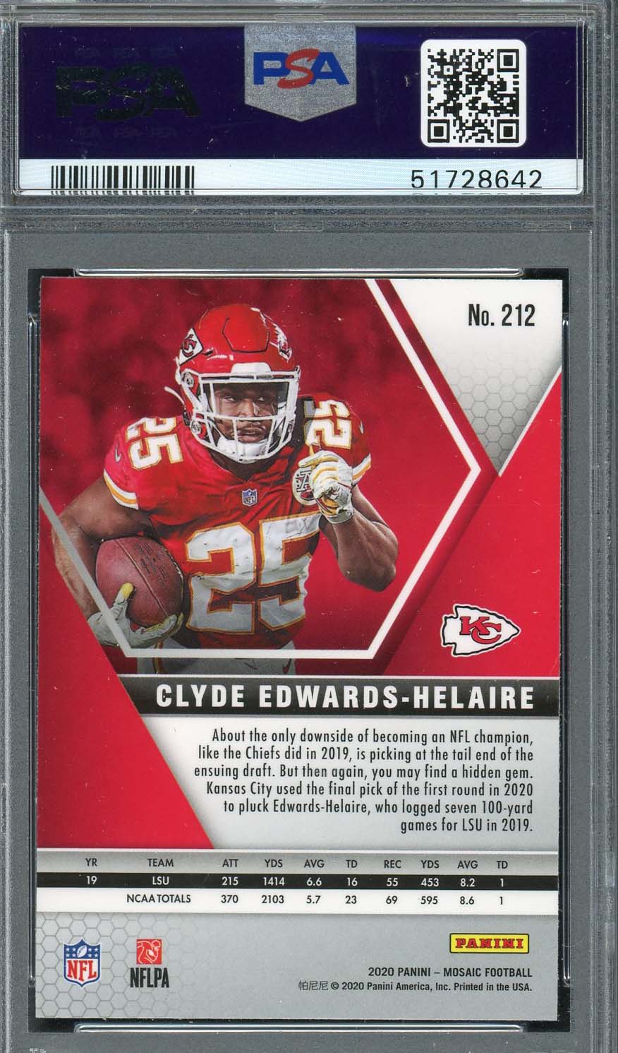 Clyde Edwards-Helaire 2020 Panini Mosaic Football Rookie Card RC #212 PSA 9-Powers Sports Memorabilia