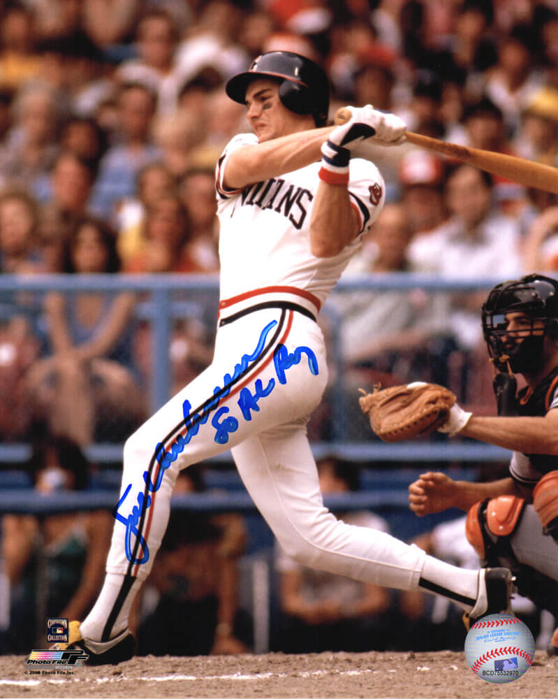 Joe Charboneau Autographed Cleveland Indians Swinging Action 8x10 Photo with 80 AL ROY-Powers Sports Memorabilia