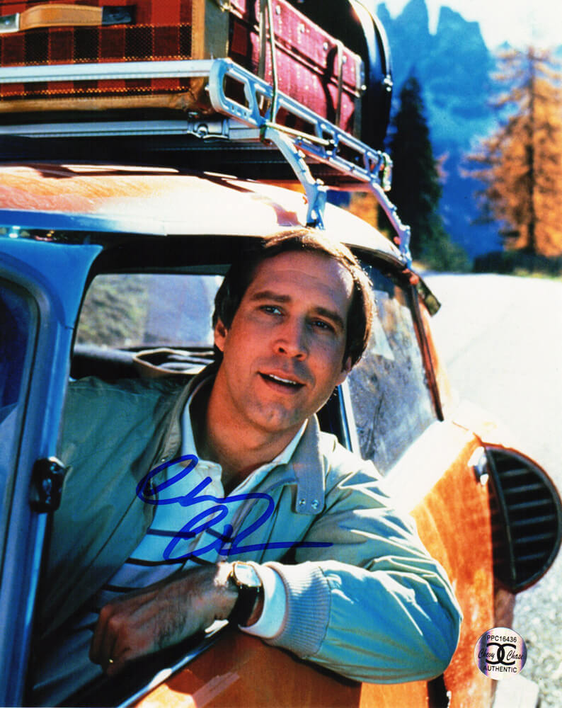 Chevy Chase Autographed National Lampoon's Vacation Driving Car With Head Out Window 8x10 Photo-Powers Sports Memorabilia