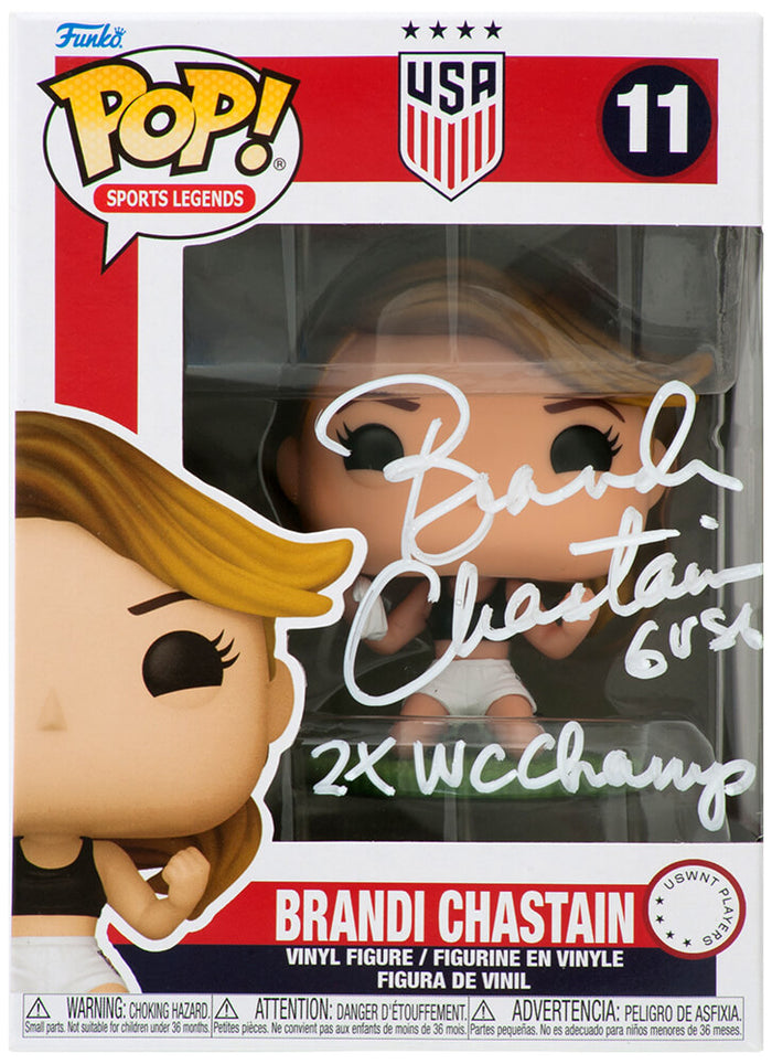 Brandi Chastain Autographed USA Women's Soccer Funko Pop Doll #11 with 2x WC Champs-Powers Sports Memorabilia