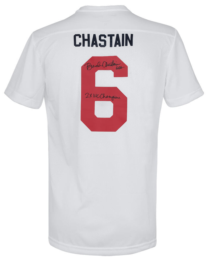 Brandi Chastain Autographed Nike White Dri-Fit Soccer Jersey with 2x WC Champions-Powers Sports Memorabilia
