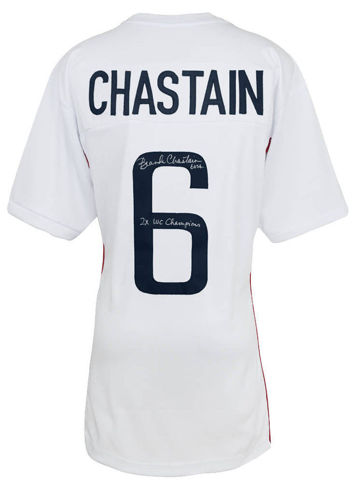 Brandi Chastain Autographed White Custom Soccer Jersey with 2x WC Champs-Powers Sports Memorabilia