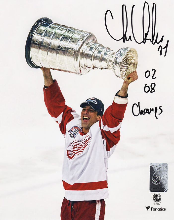 Chris Chelios Autographed Detroit Red Wings Holding Stanley Cup 8x10 Photo with 02, 08 Champs-Powers Sports Memorabilia