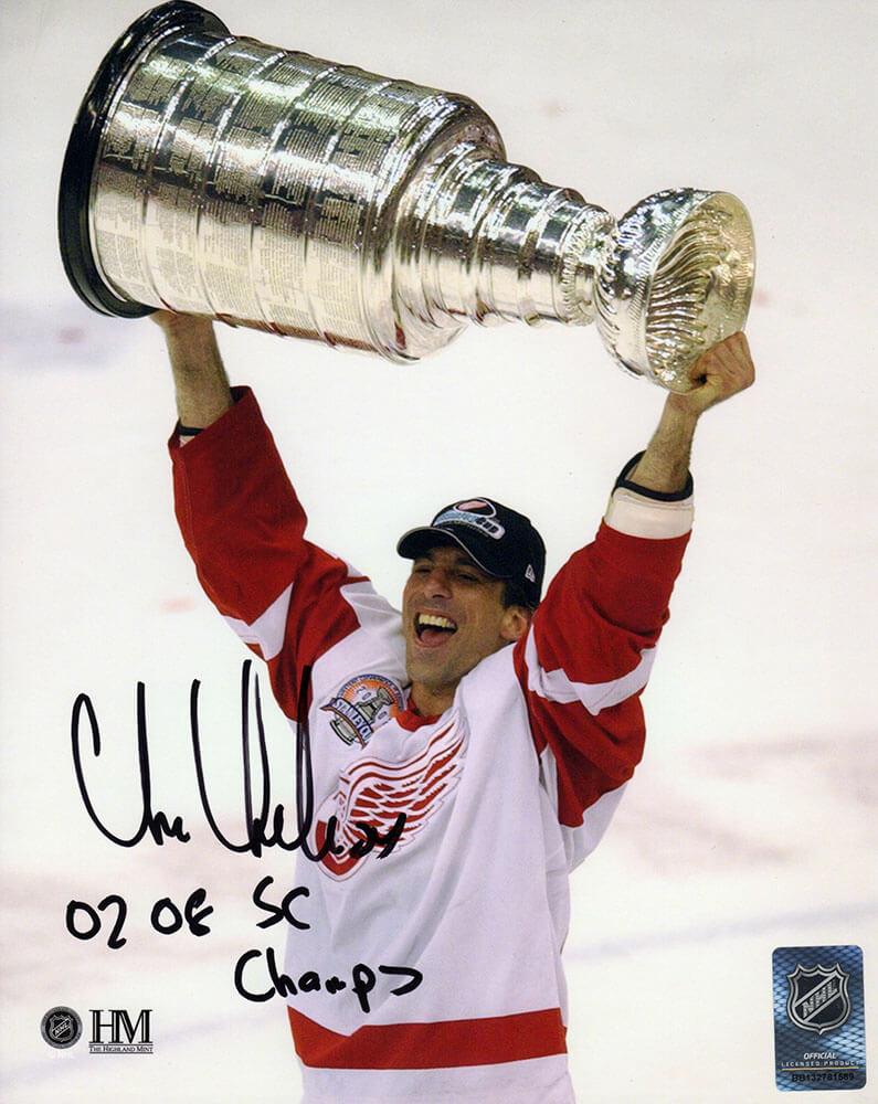 Chris Chelios Autographed Detroit Red Wings Holding Stanley Cup 8x10 Photo with 02, 08 SC Champs-Powers Sports Memorabilia