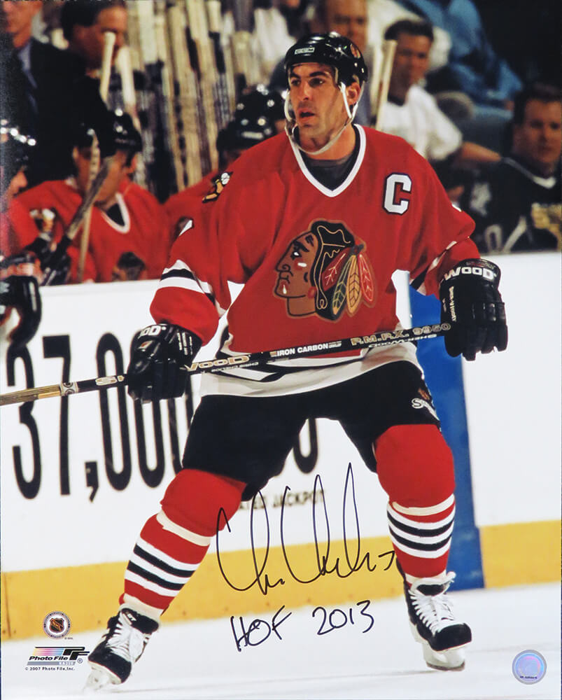 Chris Chelios Autographed Chicago Blackhawks Red Jersey Action 16x20 Photo with HOF 2013-Powers Sports Memorabilia