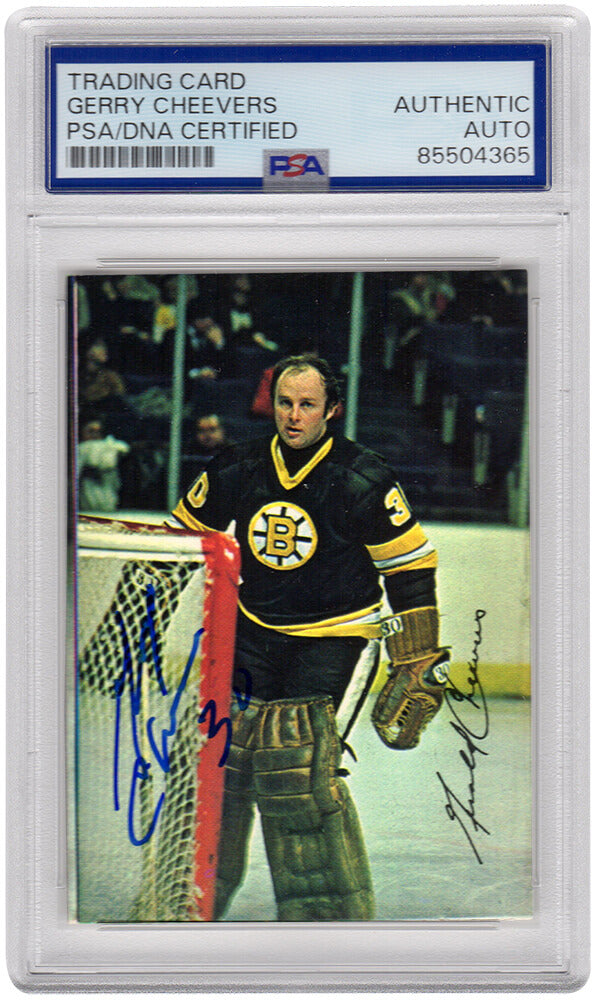 Gerry Cheevers Autographed Boston Bruins 1977 Topps Glossy Card #2 - (PSA Encapsulated)-Powers Sports Memorabilia