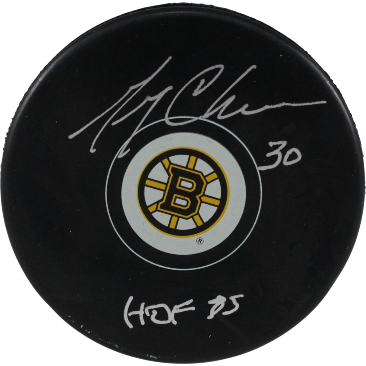 Gerry Cheevers Boston Bruins Logo Signed Puck HOF 85-Powers Sports Memorabilia