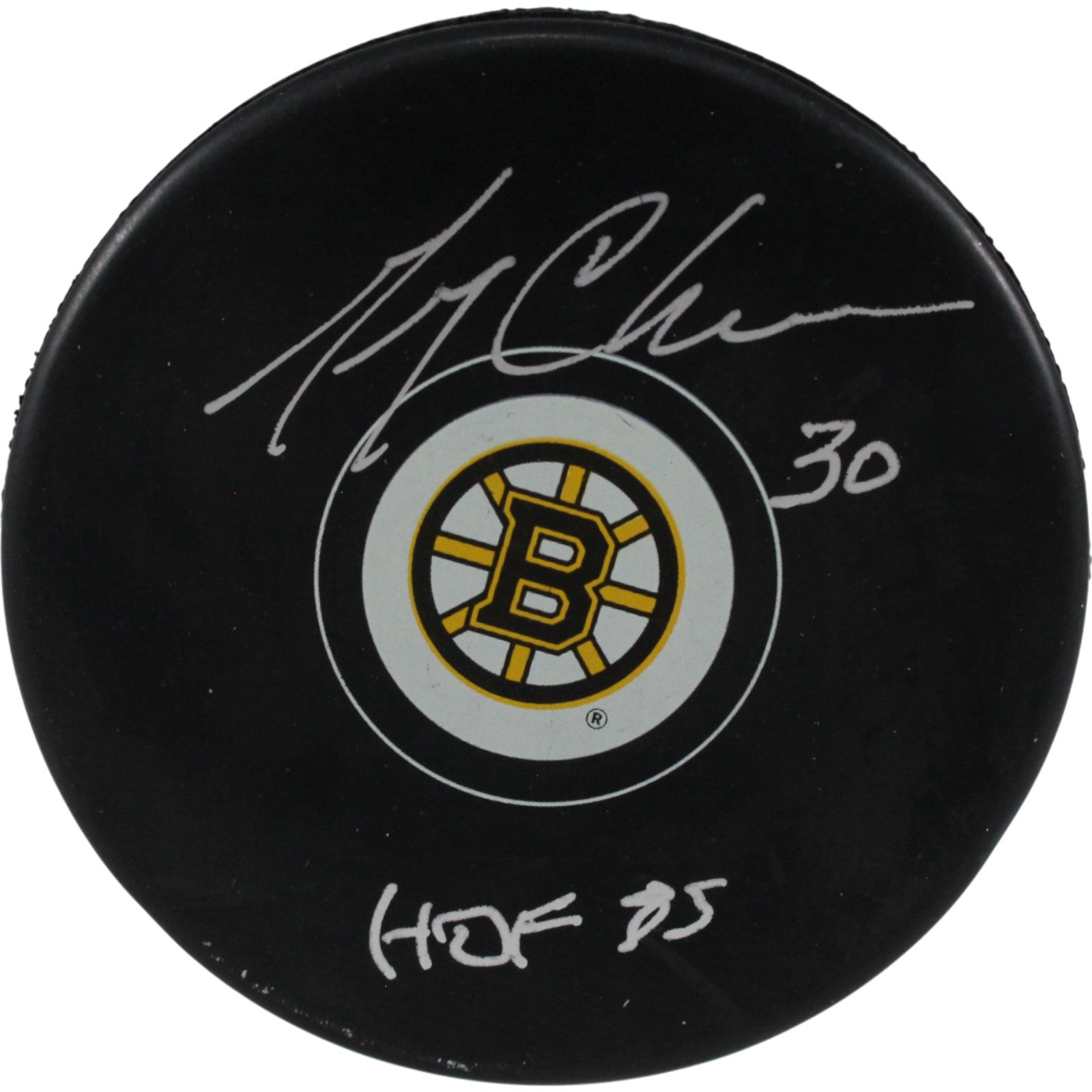 Gerry Cheevers Boston Bruins Logo Signed Puck HOF 85-Powers Sports Memorabilia