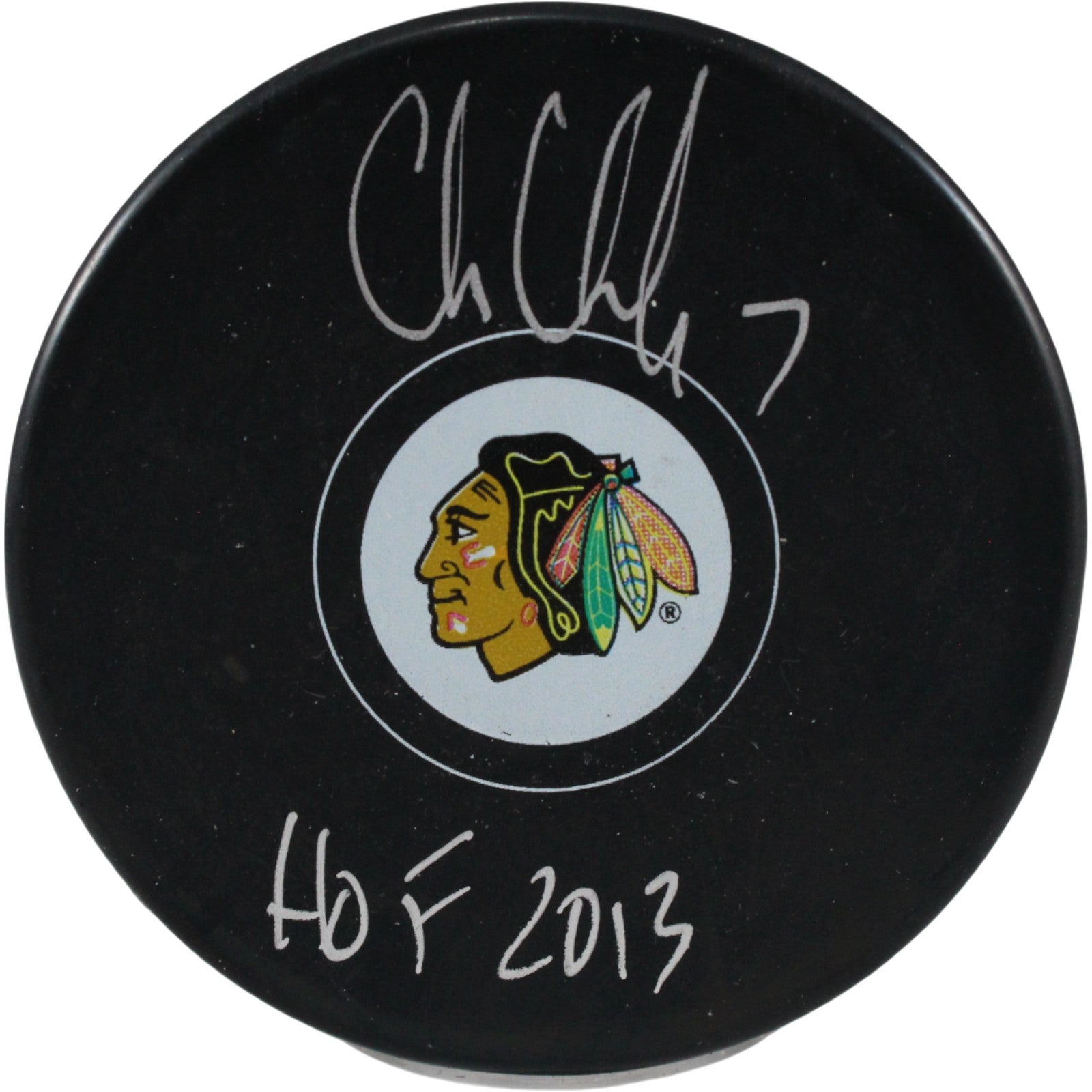 Chris Chelios Chicago Blackhawks Logo Signed Puck HOF-Powers Sports Memorabilia