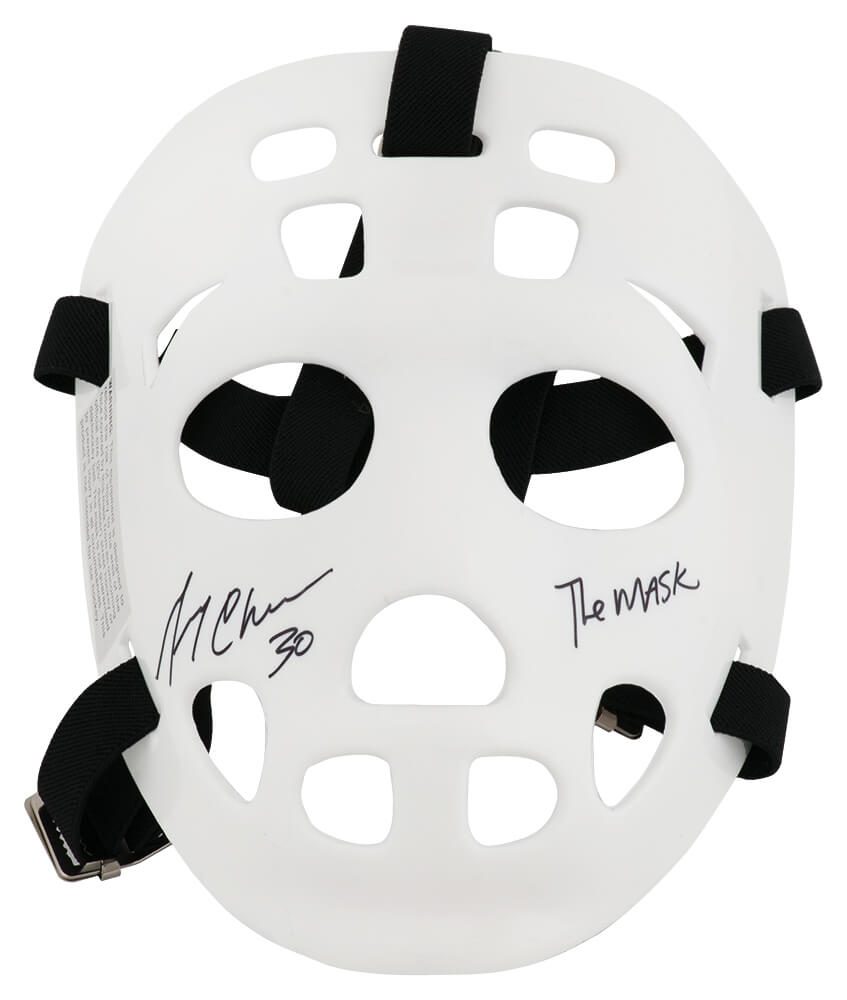 Gerry Cheevers Autographed White Throwback Goalie Mask With Black Straps-Powers Sports Memorabilia