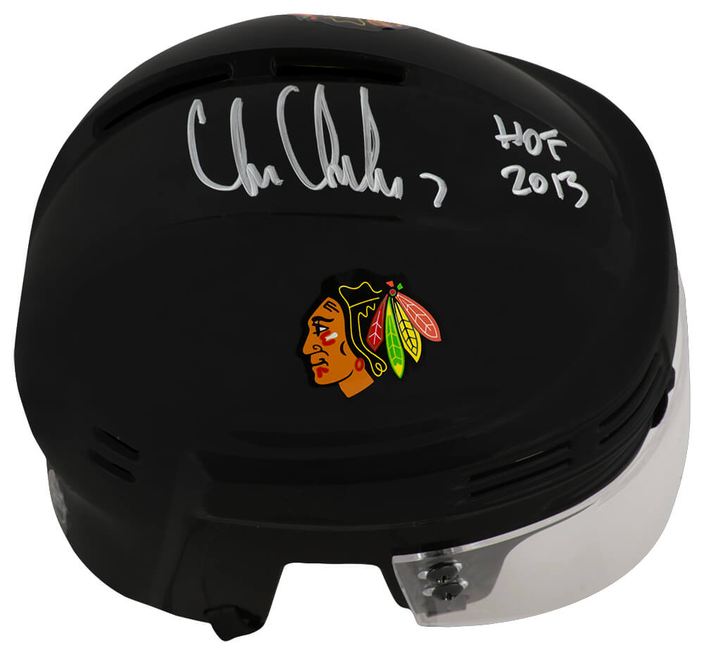 Chris Chelios Autographed Blackhawks Black Hockey Mini Helmet with HOF 2013-Powers Sports Memorabilia