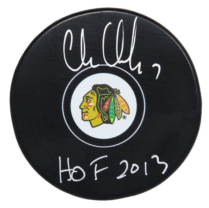 Chris Chelios Autographed Blackhawks Logo Hockey Puck with HOF 2013-Powers Sports Memorabilia