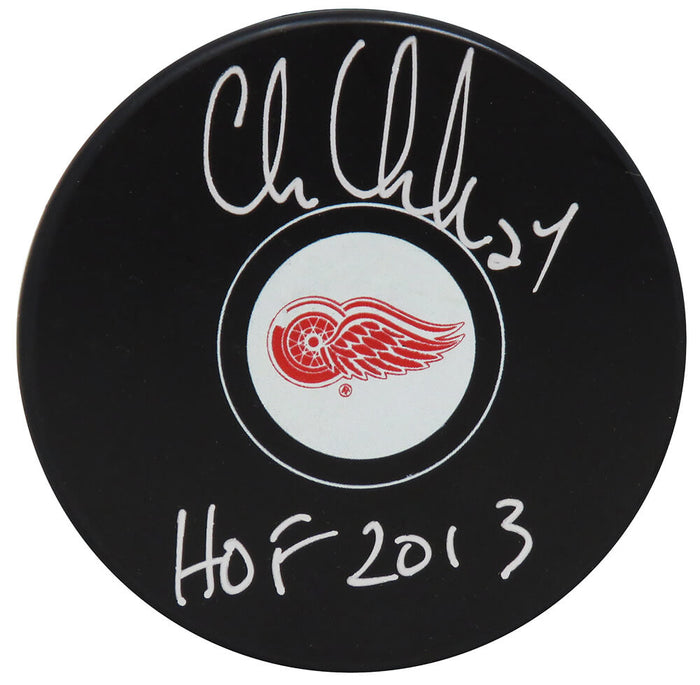 Chris Chelios Autographed Red Wings Logo Hockey Puck with HOF 2013-Powers Sports Memorabilia