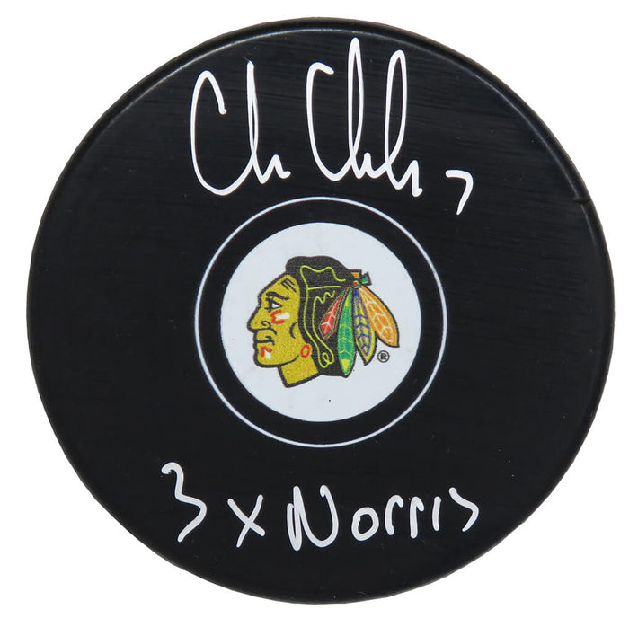 Chris Chelios Autographed Chicago Blackhawks Logo Hockey Puck with 3x Norris-Powers Sports Memorabilia