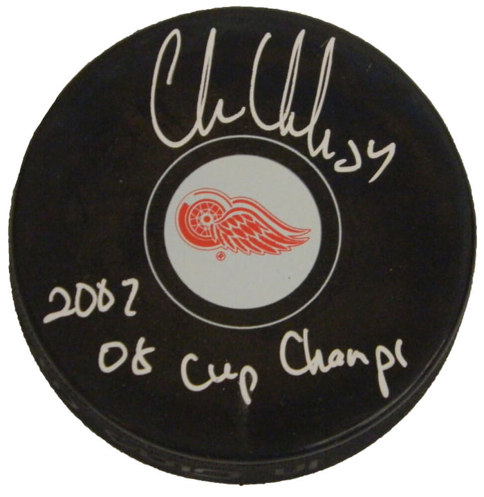 Chris Chelios Autographed Detroit Red Wings Logo Hockey Puck with 2002, 08 Cup Champs-Powers Sports Memorabilia